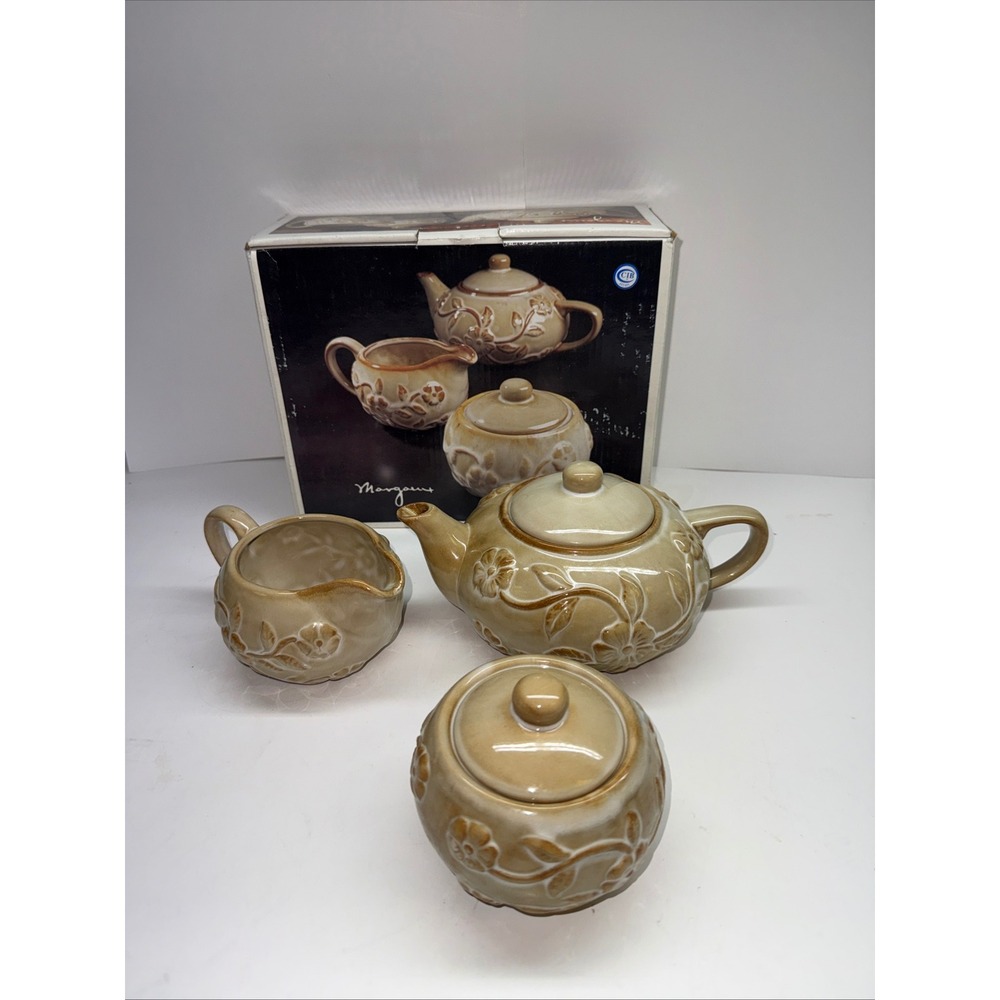 Home Essentials & Beyond Morgans Tea Set Teapot Sugar Creamer Floral Tan 3pc